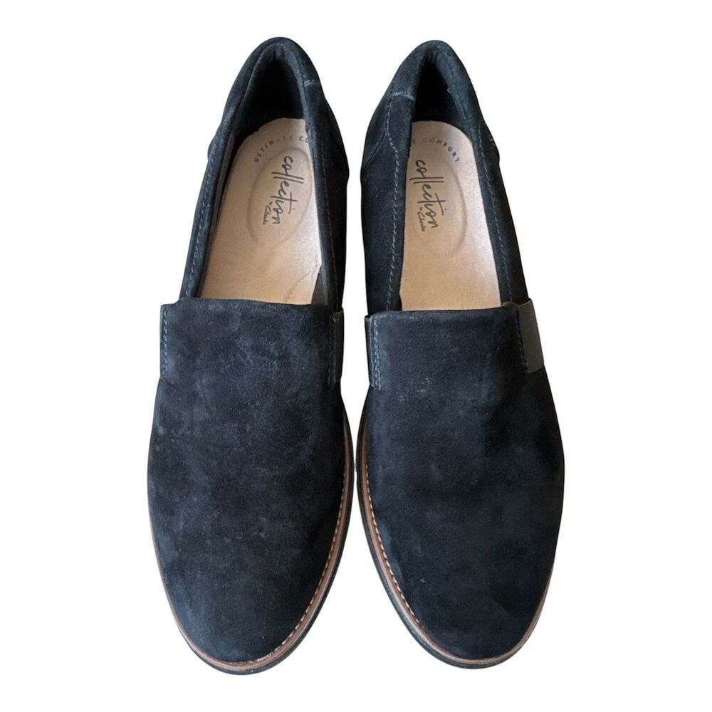 Clarks Collection Sharon Dolly Size 8.5M Black Suede Slip On Flats Loafers